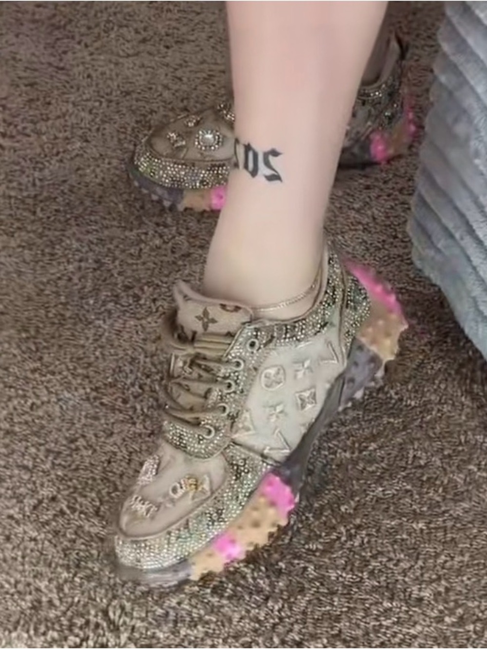 Designer-Inspired Crystal Embellished Chunky Sneakers in Beige with Pink Accents